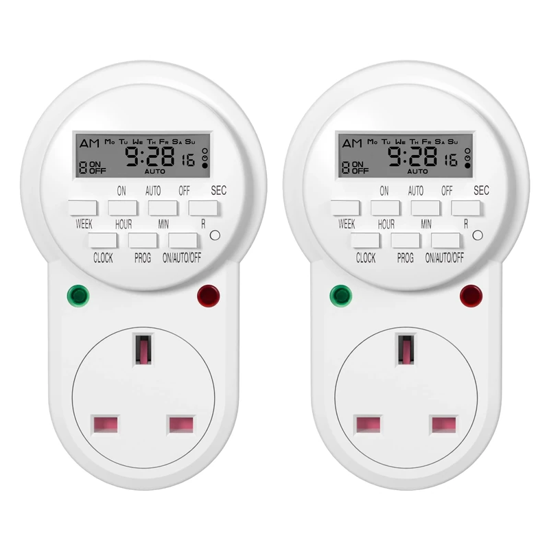 HBN Digital Programmable Plug-in Timer Socket, 24 Hours/7 Day Weekly Electronic Light Timer Plug with 9 On-Off Programs and Anti-Theft Random Function (13A/3120W, 2 Pack)