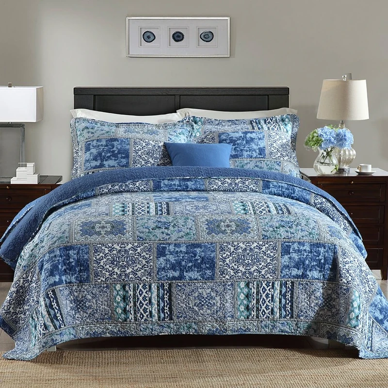 NEWLAKE Cotton Bedspread Quilt Sets-Reversible Patchwork Coverlet Set, Blue Classic Bohemian Pattern,Twin Size