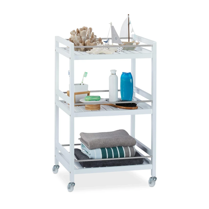 Relaxdays Bamboo Serving Cart, 3 Tiers, 360° Casters, Stainless Steel Rails, Kitchen Trolley, HWD: 76.5x46x38 cm, White