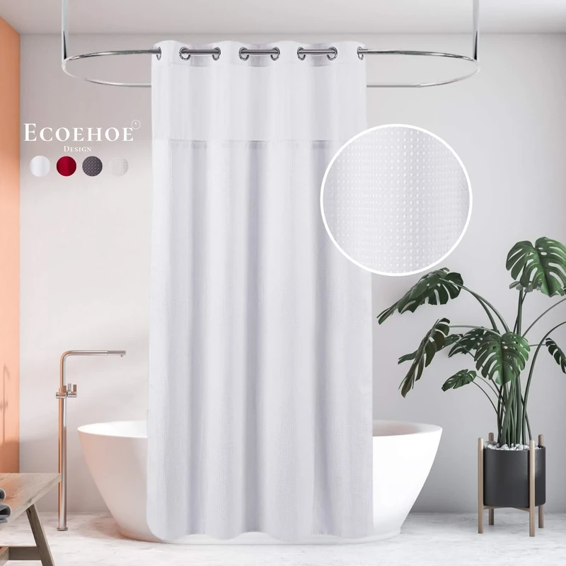 HappyBath Extra Long 71x79 White Waffle Fabric Shower Curtain No Hooks with Removable Polyester Liner - Top See Through