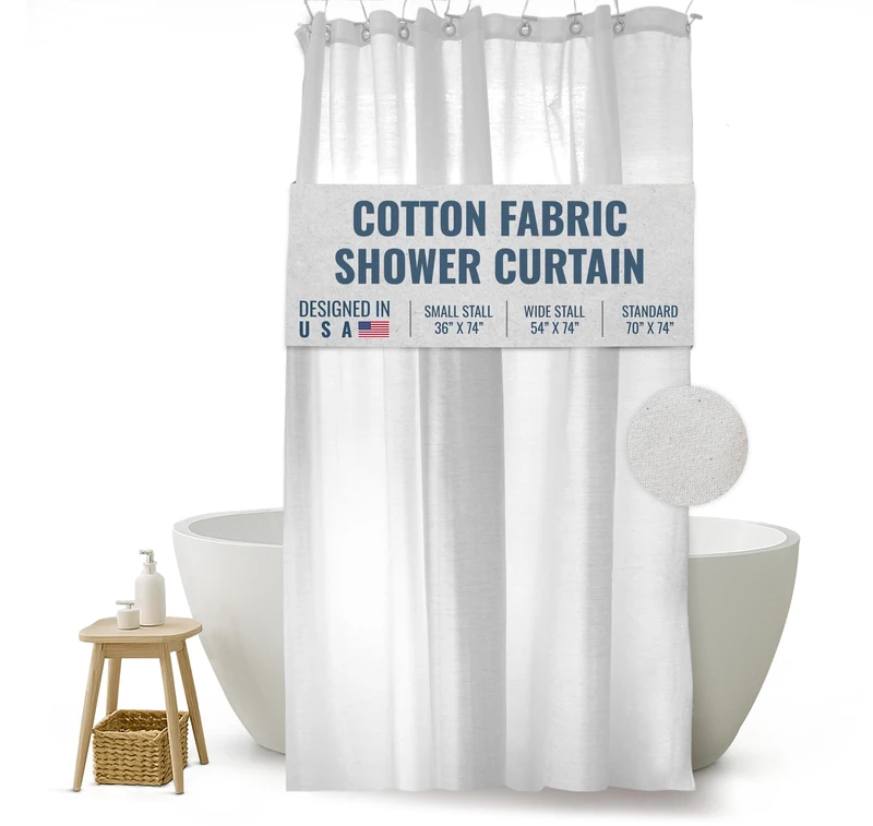 Bean Products Cotton Stall Shower Curtain (White), [36" x 74"] | All Natural Materials | Works with Tub, Bath and Stall Showers