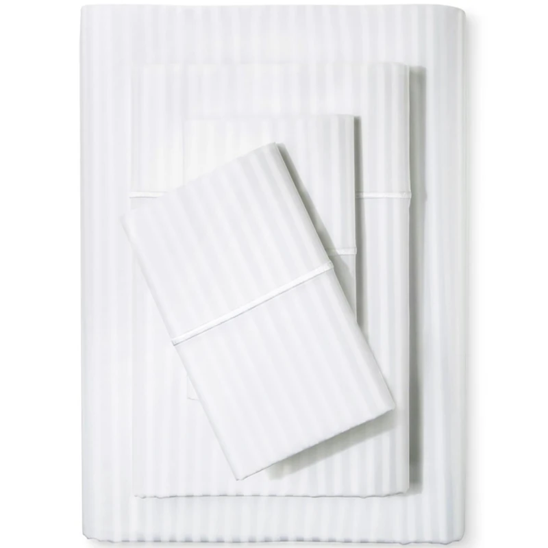 Feather & Stitch 500 TC Split King Size Damask Bed Sheet Set, 100% Cotton Soft Breathable Bedsheets, 5 Piece 18" Deep Pockets Sateen Weave Striped Bedding Mattress Resort Hotel - (White Stripe)