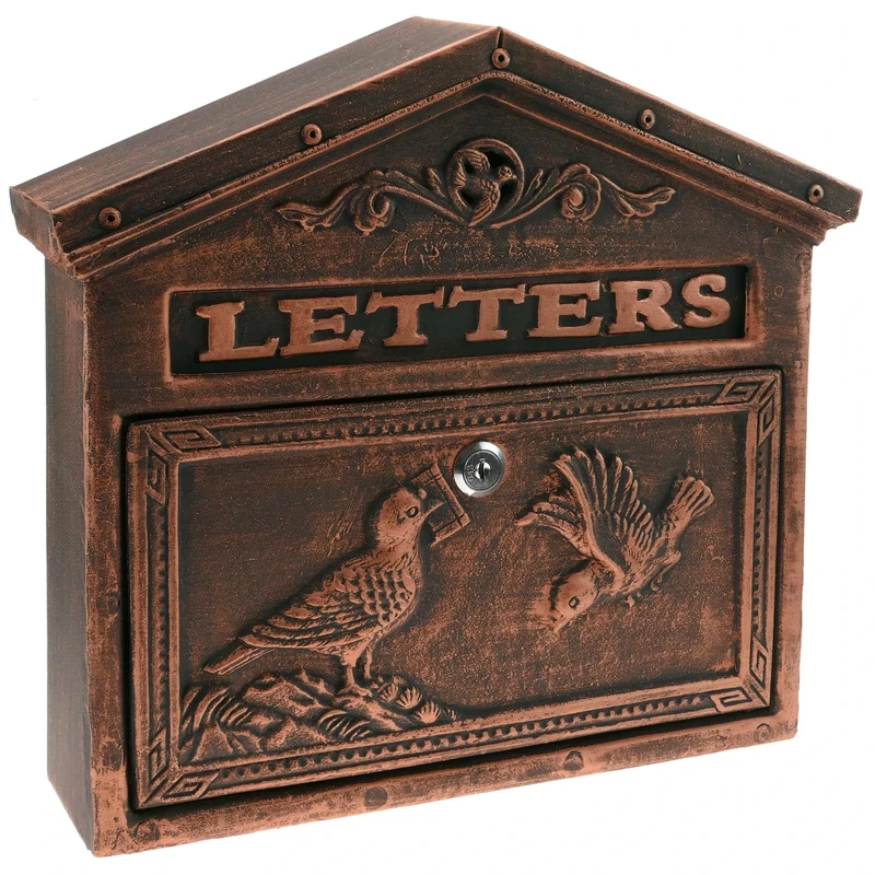 PrimeMatik - Vintage letter mail post box mailbox letterbox antique oxide color cast iron for wallmount birds