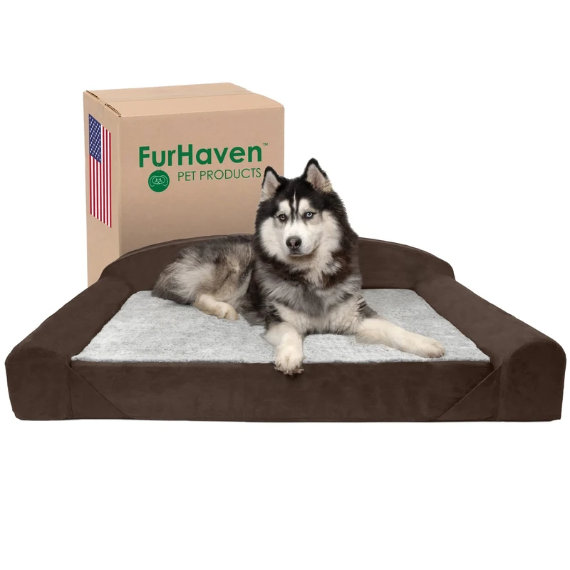FurHaven Orthopedic Dog Bed for Large Dogs w/Removable Washable Cover & Reversible Foam Cushion, For Dogs Up to 200 lbs - Luxury Edition Faux Fur & Suede Sofa - French Roast, Jumbo (X-Large)