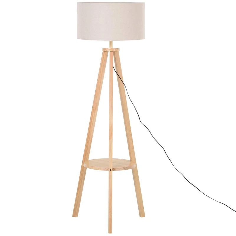 HOMCOM Free Standing Tripod Floor Lamp Bedside Light Reading Light W/Storage Shelf Linen Shade Cozy Cream Living room Bedroom - Image 1
