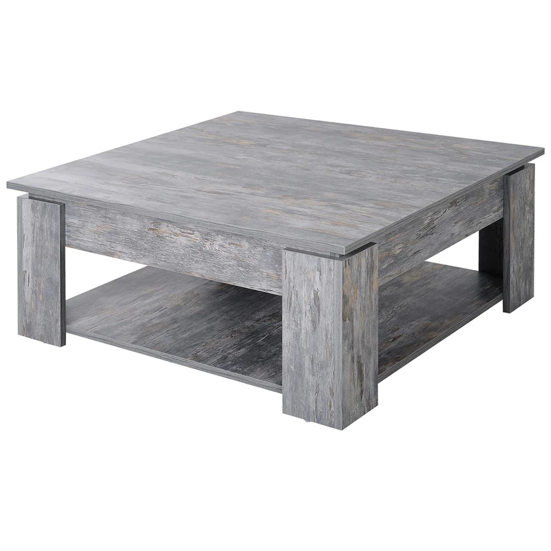 HOMCOM 2 Tier Wood Coffee Table Side Table Bottom Storage Shelf Simple Modern Living Room Grey Wood Grain - Image 1