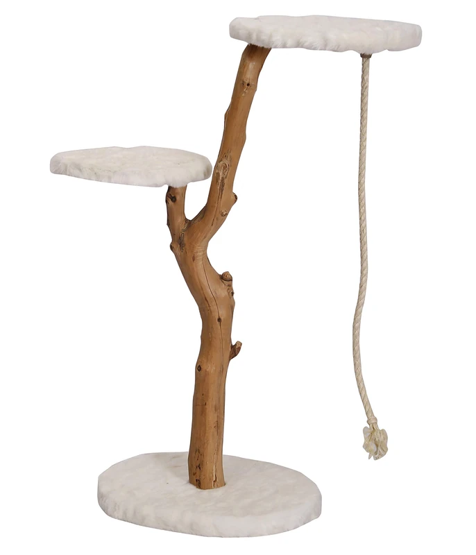 Dehner Nero Premium Cat Scratching Post with Play Cord Natural Climbing Tree with 2 Platforms Made of Hardwood and Plush for Large and Small Cats Brown White Approx. 109 x 50 x 40 cm