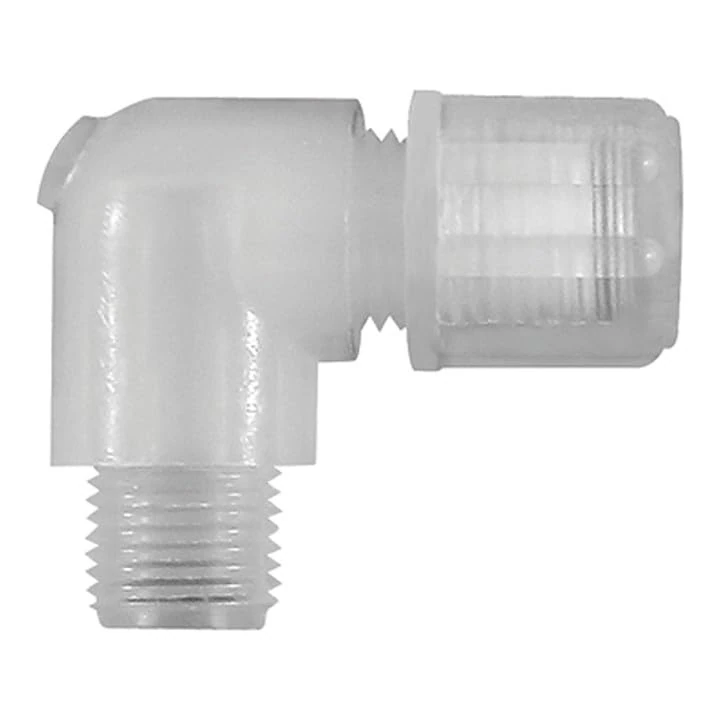 Angle screw fitting G 3/8 a., for hose 8/10 mm, working pressure max. 10 bar (20 °C) / max. 1 bar (170 °C), PFA