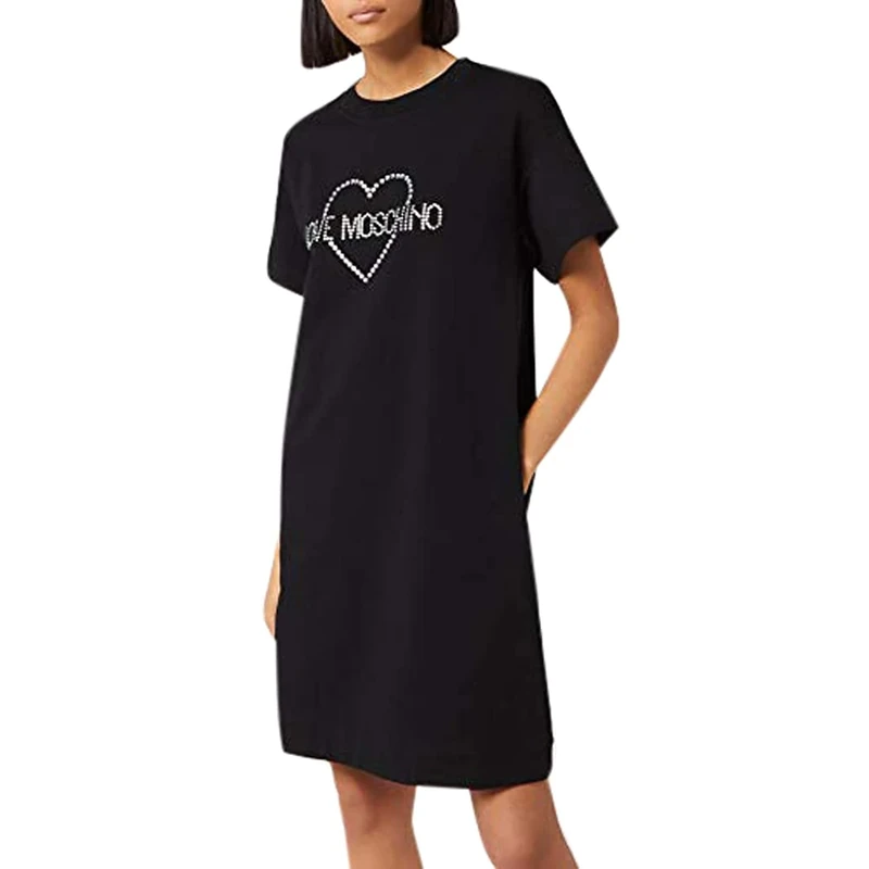 Love Moschino Women's Logo Core Rhimestone_Short Sleeve Dress Dress, (Black C74)