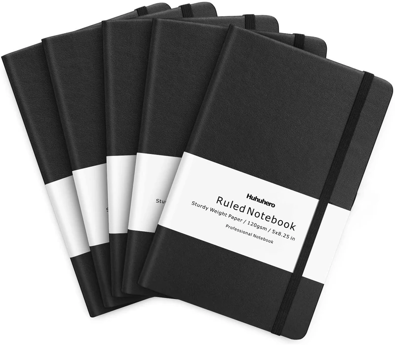 Huhuhero Notebook Journal Classic Lined Hard Cover Premium Thick Paper with Fine Inner Pocket Black Faux Leather for Writing, Notes, Diary and Planner, 5 x 8.4 inches, 5 Pack Black