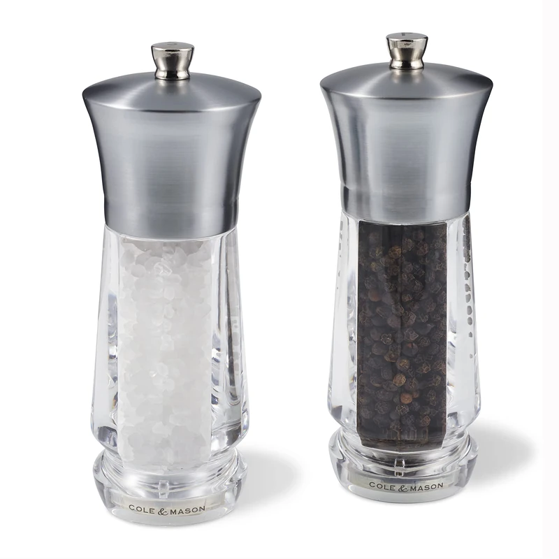 Cole & Mason H321913 Exford Salt and Pepper Mills, Precision+, Brushed Nickel/Acrylic, 160 mm, Gift Set, Includes 2 x Salt and Pepper Grinders