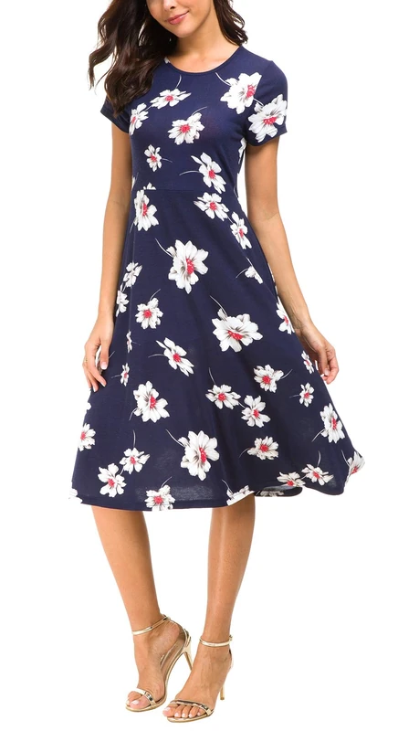 Urban CoCo Women's Floral Print Short Sleeve Flared Midi Dress, # 3, L