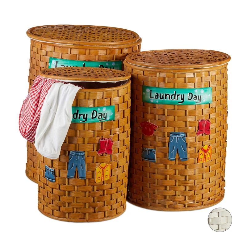 Relaxdays Bamboo Laundry Hamper Set of 3, Lidded Baskets, Removable Fabric Lining, Permeable to Air, Brown, 45, 70, 100 L - Image 1