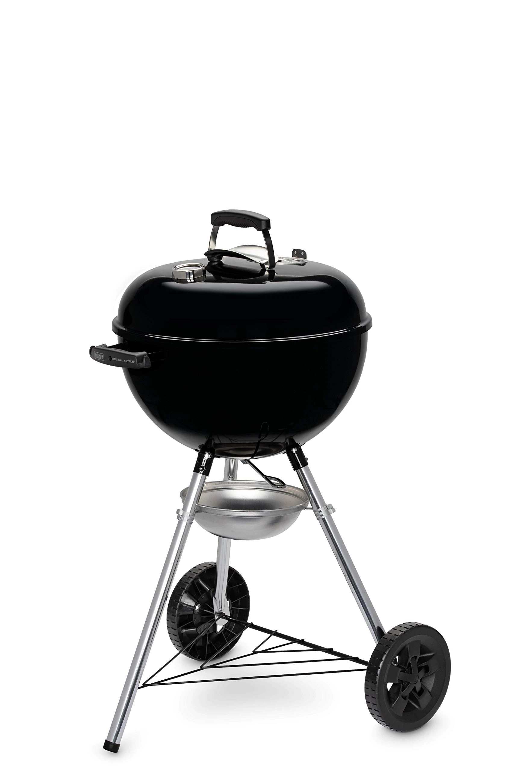 Weber Original Kettle E-4710 Charcoal Barbecue/Porcelain-Enamelled Lid & Bowl, 47 cm Cooking Surface, One-Touch Cleaning System, Lid Thermometer, Tripod Stand and Wheels, Black