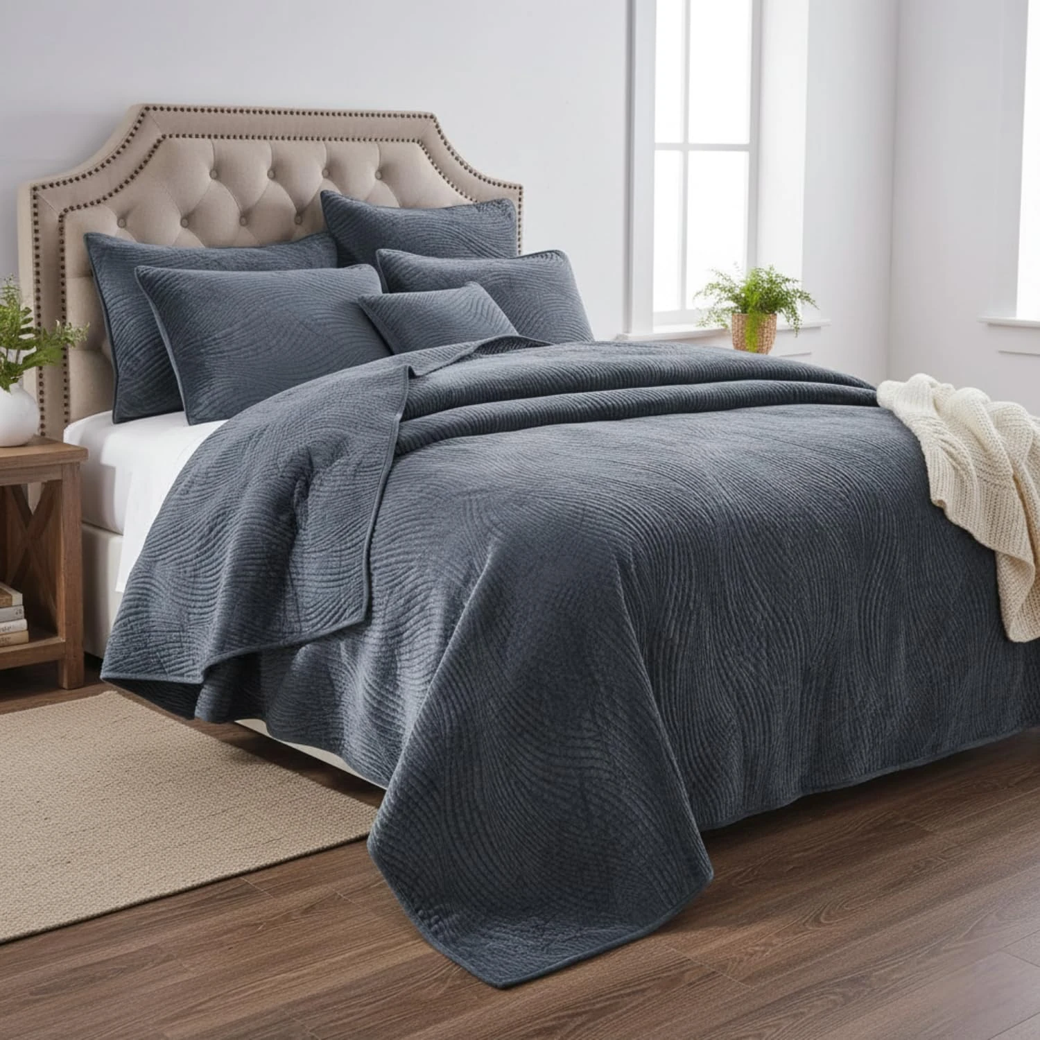Tache Velvet Dreams Luxurious Velveteen Velour Super Soft Plush Warm Cozy Elegant Ripple Waves Stitch Quilted Coverlet Steel Navy Blue Bedspread Set, Full