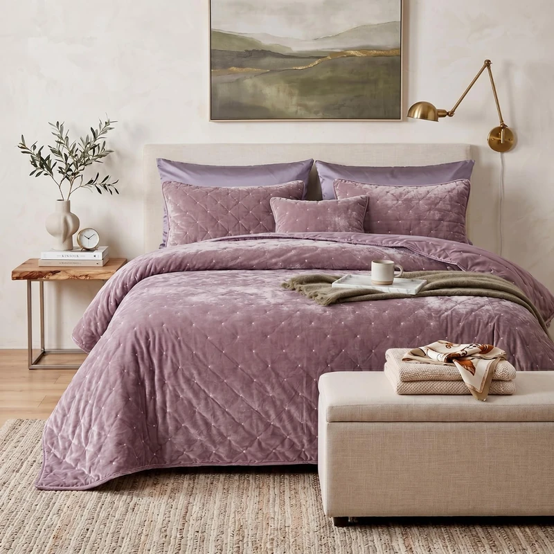 Tache Velvet Quilt Set Queen Size Luxurious Velveteen Velour Super Soft Plush Warm Cozy Diamond Tufted Polka Dot Quilted Coverlet Light Purple Mauve Bedspread Set, Queen