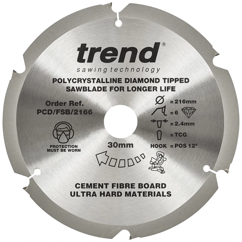 Trend PCD Fibre Cement Circular Saw Blade, 216mm Diameter, 30mm Bore, 6 Teeth, 2.4mm Kerf, +12° Hook, PCD, Coarse Finish, PCD/FSB/2166