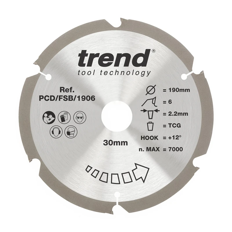 Trend PCD Fibre Cement Circular Saw Blade, 190mm Diameter, 30mm Bore, 6 Teeth, 2.2mm Kerf, +12° Hook, PCD, Coarse Finish, PCD/FSB/1906