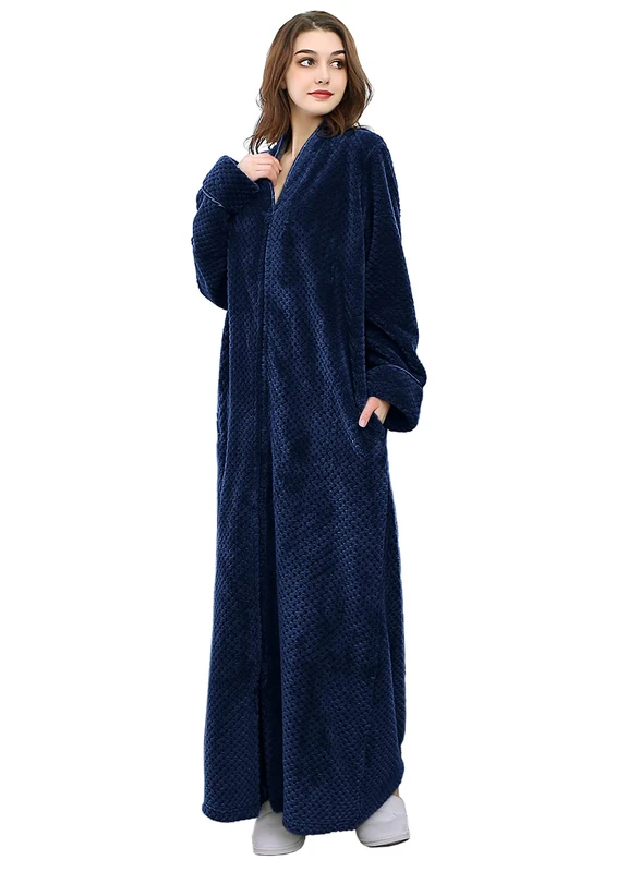 Hellomamma Womens Soft Long Fleece Dressing Gown Full Length Fluffy Bathrobe Sleepwear Zip Up (XL, Navy Blue)