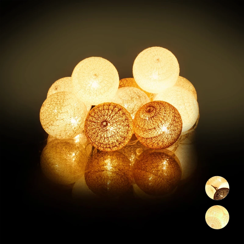 Relaxdays LED String Lights with 10 Cotton Balls, Battery-Operated, Mood Lighting, 6 cm Ø, White-Grey-Brown