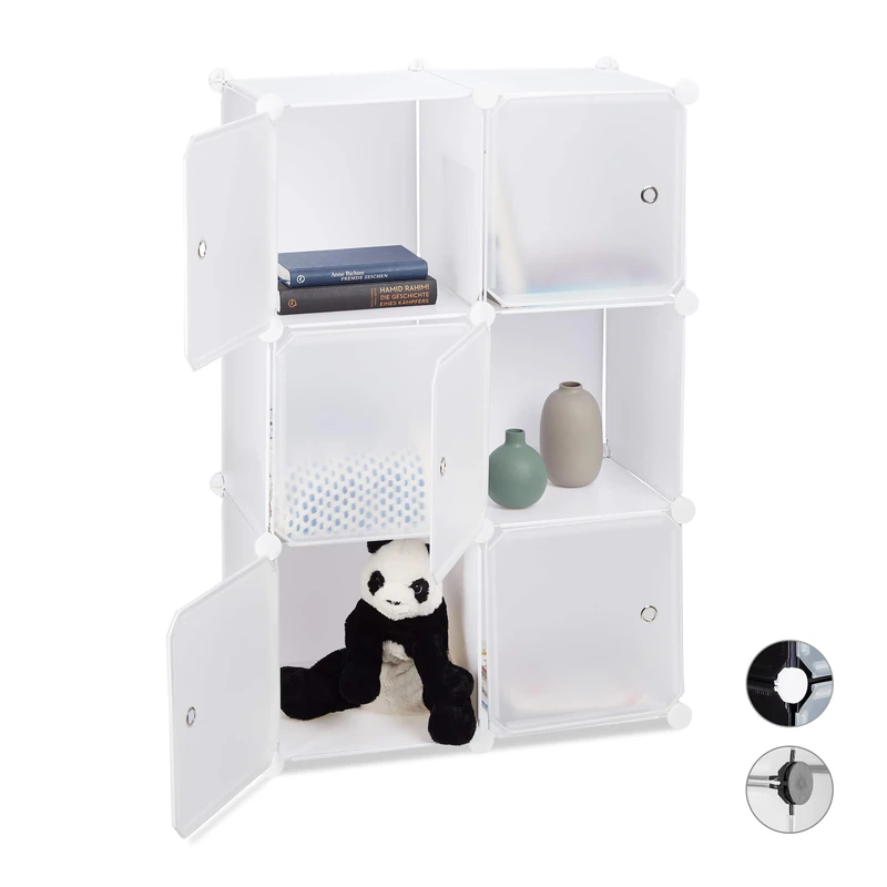 Relaxdays Shelving System with 6 Doors, DIY, Cubes, Handles, Partition, Plastic, HWD: 97.5x66x32 cm, White