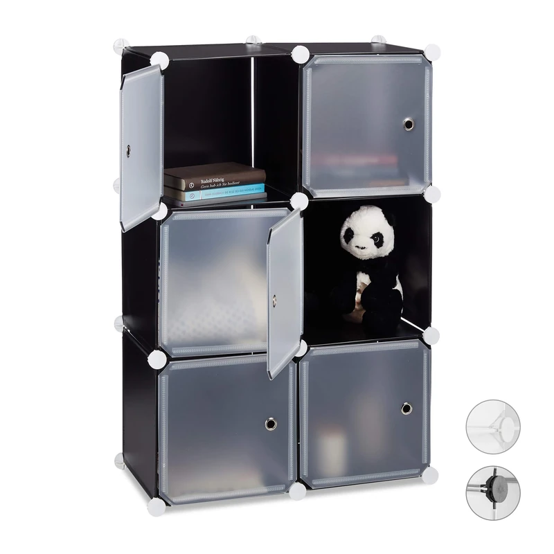 Relaxdays Shelving System with 6 Doors, DIY, Cubes, Handles, Partition, Plastic, HWD: 97.5x66x32 cm, Black