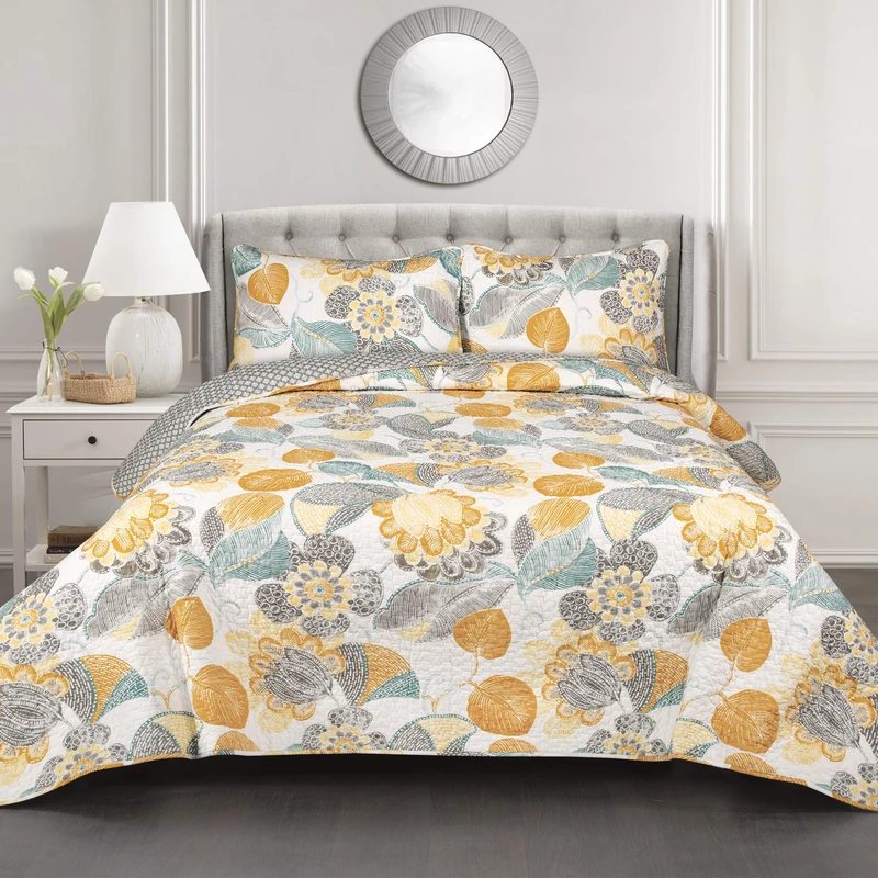 Lush Decor Yellow & Gray Layla Quilt Floral Leaf Print 3 Piece Reversible Bedding Set King