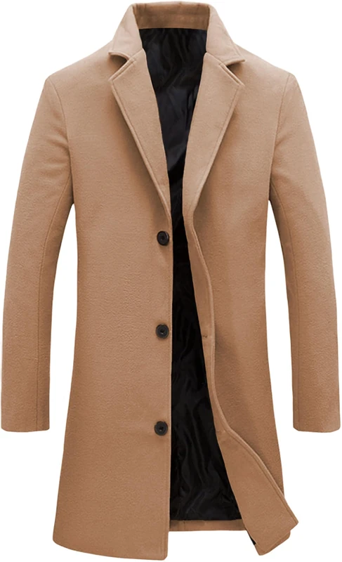 Springrain Men's Notched Lapel Single Breasted Long Pea Coat Trench Coat, Khaki, XL