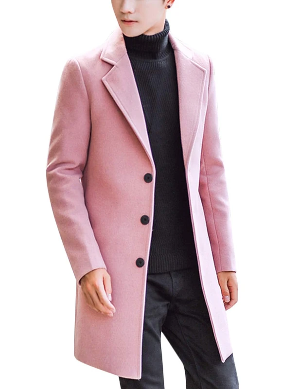 Springrain Men's Wool Blend Pea Coat Notched Collar Single Breasted Overcoat Warm Winter Trench Coat, Pink, M