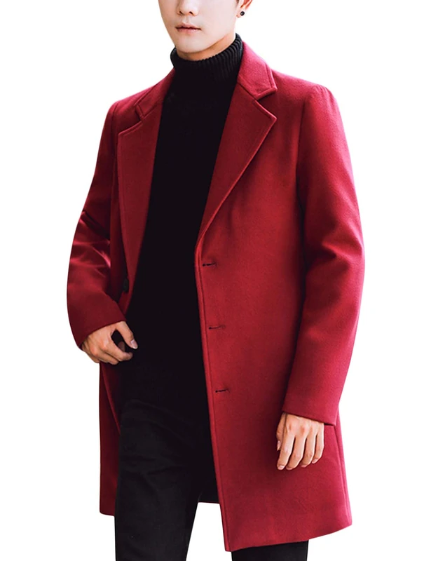 Springrain Men's Wool Blend Pea Coat Notched Collar Single Breasted Overcoat Warm Winter Trench Coat, Red, M