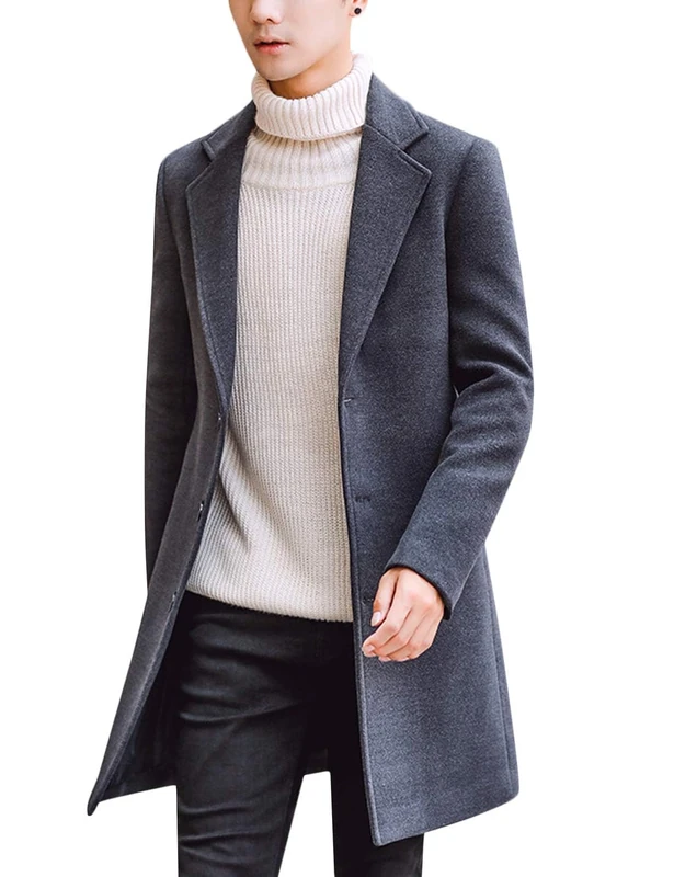 Springrain Men's Wool Blend Pea Coat Notched Collar Single Breasted Overcoat Warm Winter Trench Coat, Dark Gray, M - Image 1