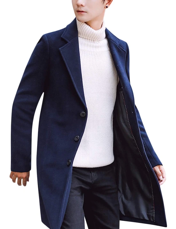 Springrain Men's Wool Blend Pea Coat Notched Collar Single Breasted Overcoat Warm Winter Trench Coat, Navy, M