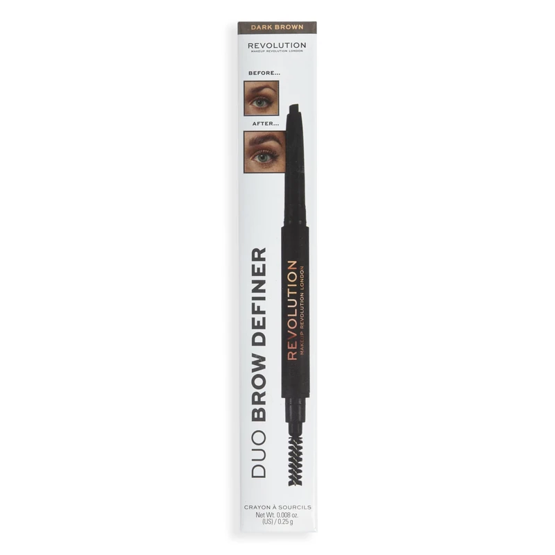Makeup Revolution Duo Brow Definer Pencil, Add Definition, Includes Brush, Dark Brown
