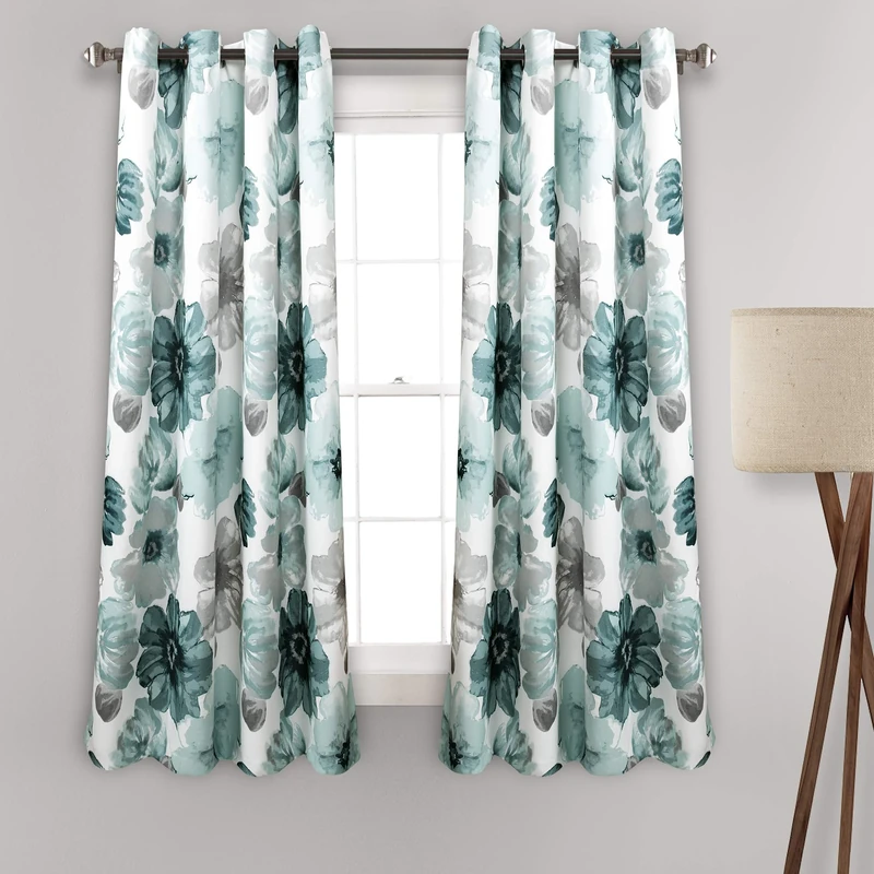 Lush Decor Leah Light Filtering Window Curtain Panels, Pair, 52" W x 63" L, Blue - Floral Curtains - Colorful Spring Watercolor Flowers - Short Curtains for Bedroom, Living Room & Dining Room