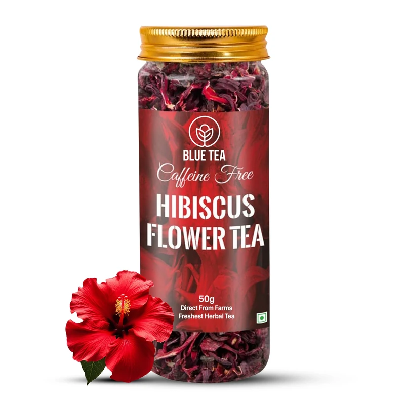 BLUE TEA Hibiscus Flower Herbal Tea - 50gm - 50 Cups | SKIN GLOW ENHANCING TEA | Herbal Tea - Flower Based - Non-Bitter - Caffeine Free - Tangy Flavour - Vegan | Reusable Pet Jar