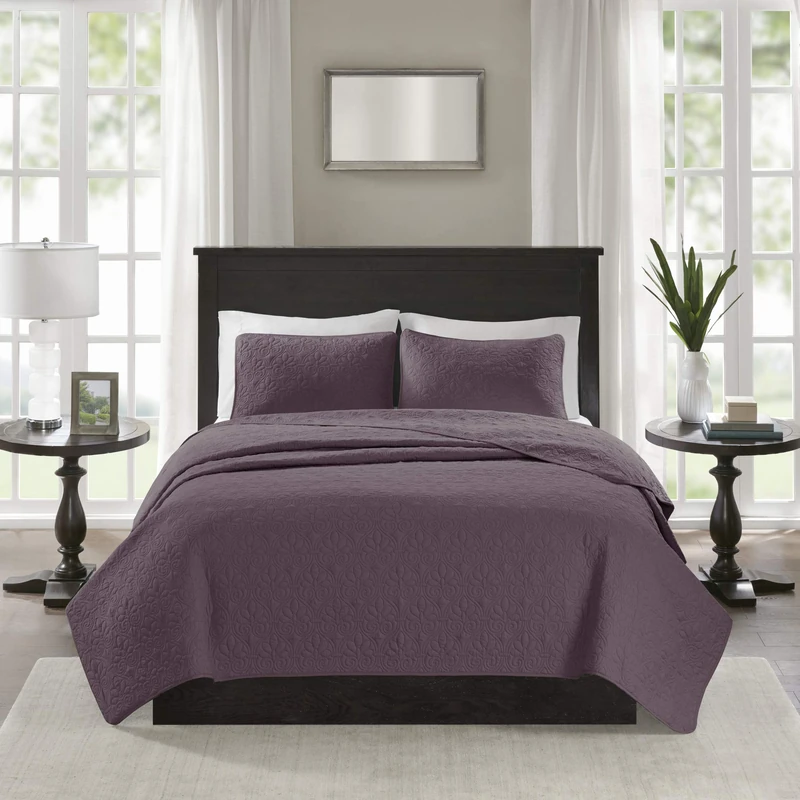 Madison Park Cotton Filled Lightweight Coverlet Bedspread Bedding, Shams, Purple, Full/Queen (90 in x 90 in)