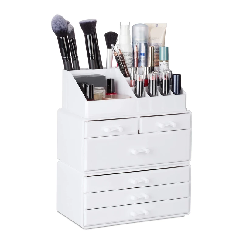 Relaxdays Organiser with 6 Drawers, 22 Compartments for Makeup Storage, Acrylic Cosmetic Tower, White, 29 x 23.5 x 14 cm