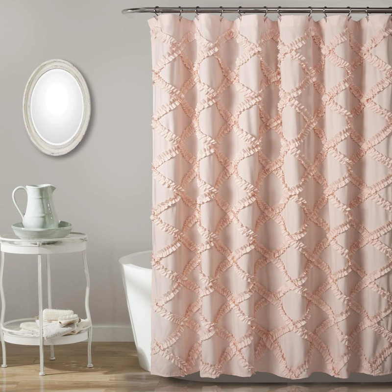 Lush Decor Ruffle Diamond Shower Curtain | Textured Vintage Chic Farmhouse Style Design, Blush, Polyester, 72" W x 72" L (Pack of 1)