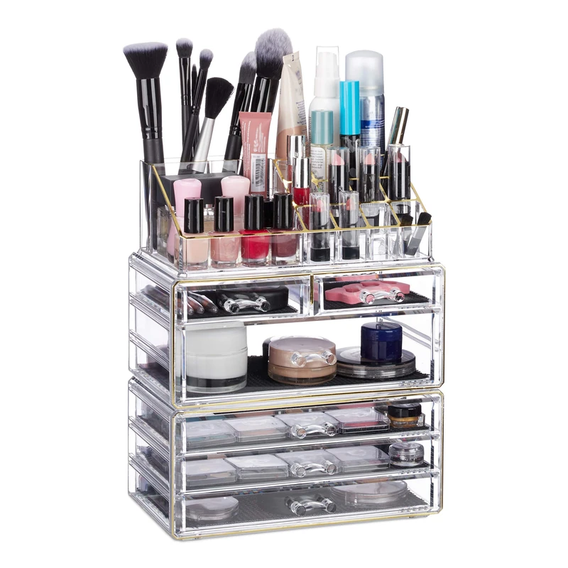 Relaxdays Organiser with 6 Drawers, 22 Compartments for Makeup Storage, Acrylic Cosmetic Tower, Transparent/Golden