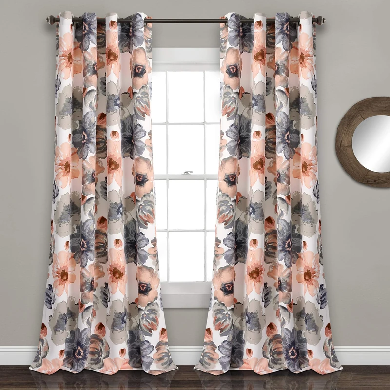 Lush Decor Leah Floral Insulated Grommet, Polyester, Coral and Gray, 52" W x 95" L (Pack of 1)