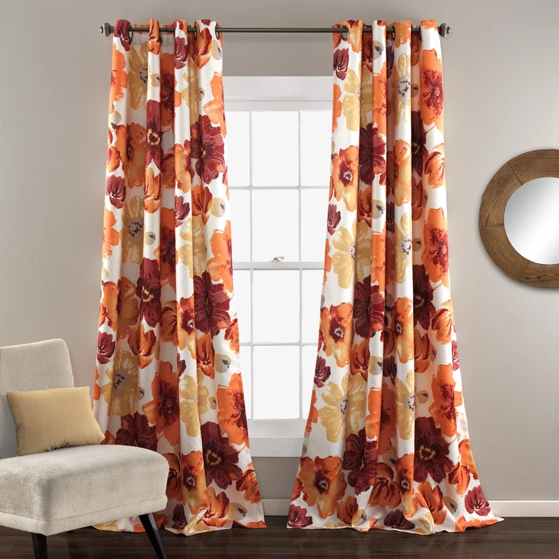 Lush Decor Leah Room Darkening Window Curtain Panel Pair Floral Insulated Grommet, 52" W x 95" L, Red & Orange