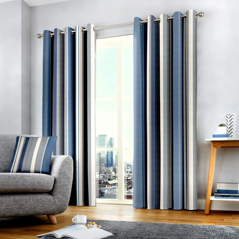 Fusion Whitworth Stripe Eyelet Lined Curtains, Blue, 90 x 72 Inch, W229cm (90) x D183cm (72)