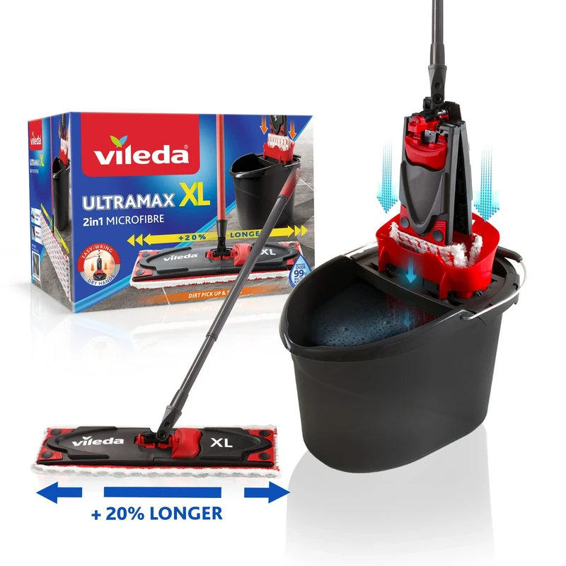 Vileda Ultramax XL 2-in-1 Floor Mop Complete Set, Extra Wide Mop with Handle, Microfibre Cover and Bucket with Power Press, for All Hard Floors, Wiper Plate 42 cm, Handle Length 75-130 cm