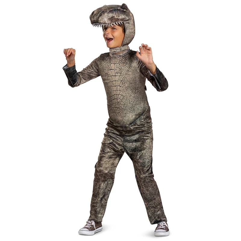 Jurassic Park T-Rex Costume for Kids, by Disguise, Inlcudes Structured Headwear with Patterned Jumpsuit, Comfortable Fit and Detailed Design, Ages 7-8