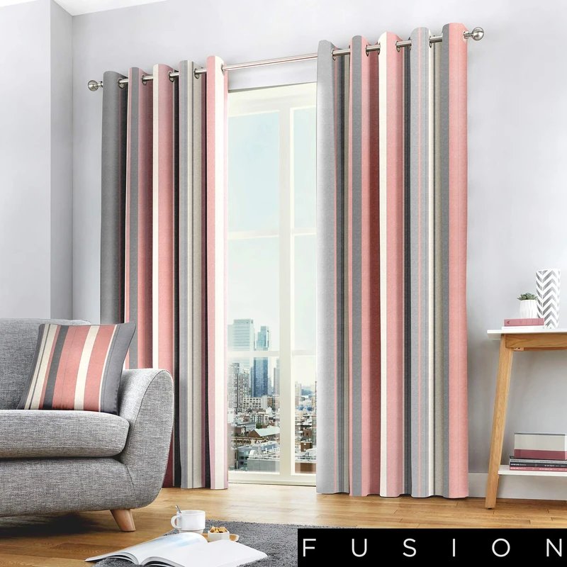 Fusion Whitworth Stripe Eyelet Lined Curtains, Blush, 66 x 90 Inch - Image 1