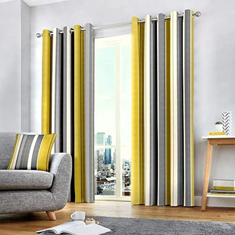 Fusion Whitworth Stripe Eyelet Lined Curtains, Ochre, 90 x 72 Inch