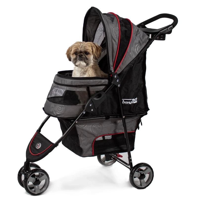 InnoPet Avenue Shiny Grey/Red Lightweight Dog & Cat Stroller - Compact Urban Pet Buggy with Raincover, Safety Tethers & Storage Basket