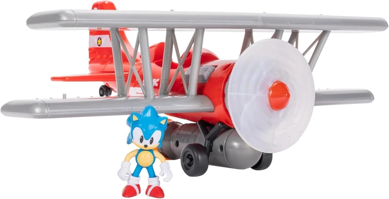 Sonic The Hedgehog Tornado Biplane Playset by JAKKS Pacific, includes 6cm Sonic Action Figure, Spinning Propeller, Light Up Flame, 6 Sound Effects, Dynamic Motion Based Play, Red - Image 1