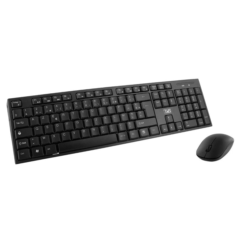 T'NB Wireless Radio Frequency Keyboard and Mouse, French AZERTY Keyboard, Compact, Comfortable and Quiet, Multimedia Shortcuts, High Autonomy Mouse, Silent Clicks, Windows/Linux – Black