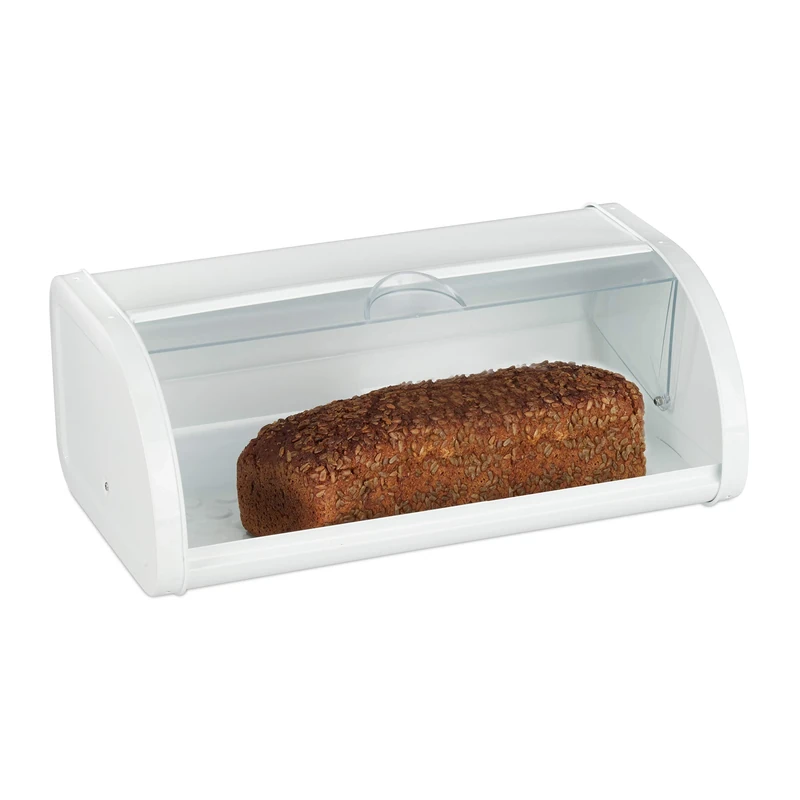 Relaxdays Bread Bin, Transparent Rolling Lid, Keeps Bread Fresh, XL Family Size, Metal, Easy to Clean, White